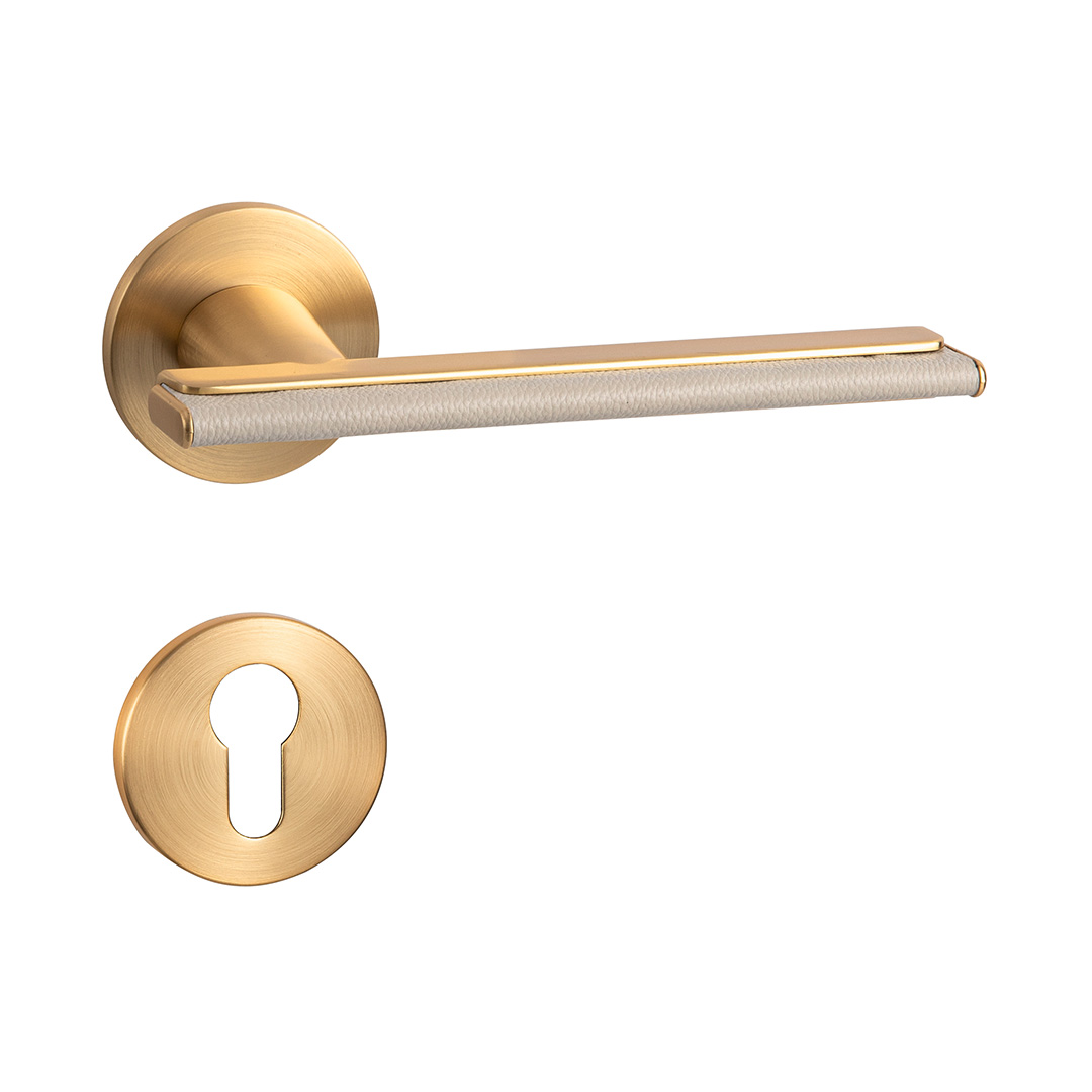 Matt dawb tawv Lever Door Handle Kit nrog Key Escutcheon